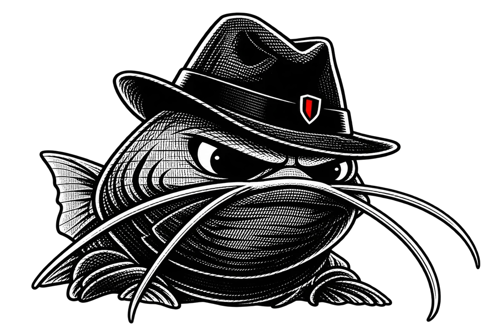 Roger, a watchful gray catfish in a fedora